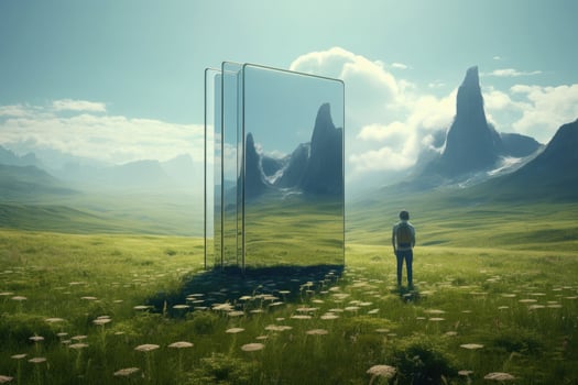 Man silhouette standing in mountain landscape with mirror portal. photo
