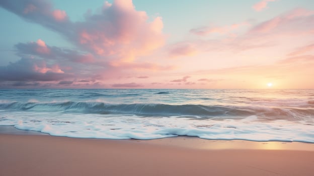 Tranquil beach scene at twilight with soft sunset colors blending into sky for ample copy space photo
