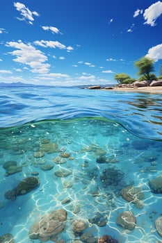 green ocean with gentle waves, sandy seashore, fluffy white clouds in bright blue sky. photo