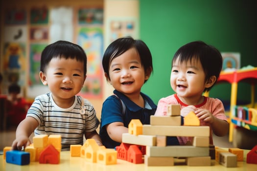 Happy playing kids in a Kindergarten created with technology. photo