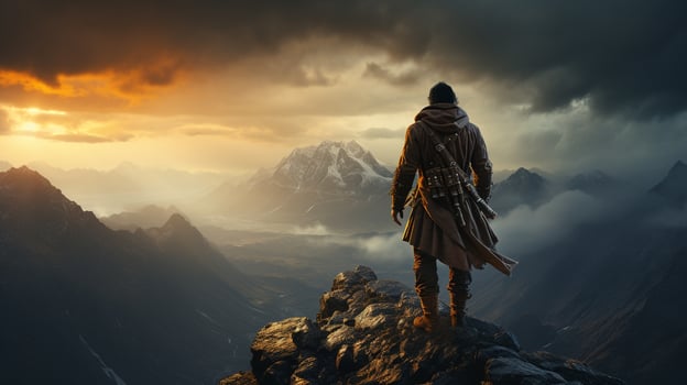 A hooded warrior man stands atop a rugged mountain peak photo
