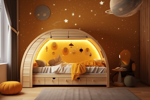 Modern child bedroom interior design in house with decoration children. Colorful children bedroom concept by photo