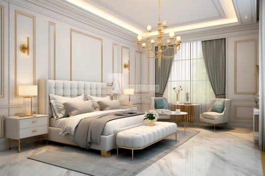 Modern bedroom interior design in apartment or house with furniture. Luxury bedroom scandinavian concept by photo