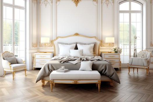 Modern bedroom interior design in apartment or house with furniture. Luxury bedroom scandinavian concept by photo