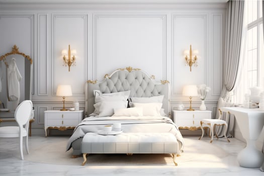 Modern bedroom interior design in apartment or house with furniture. Luxury bedroom scandinavian concept by photo