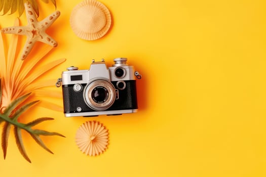 Flat lay composition with retro camera, hat and palm leaves on yellow background. . photo