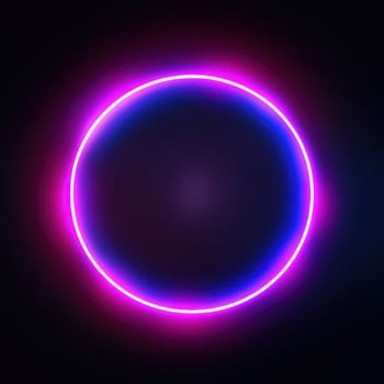 Neon blue pink round frame ring, circle shape glowing light with dark background. 80's retro style, copy space photo