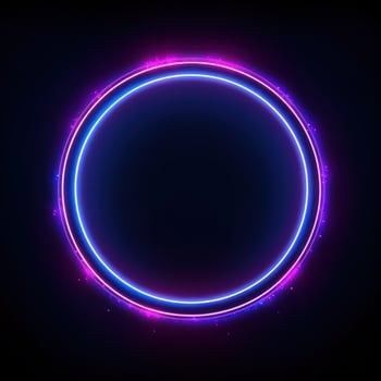Neon blue pink round frame ring, circle shape glowing light with dark background. 80's retro style, copy space photo