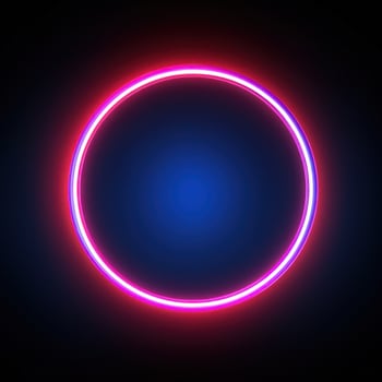 Neon blue pink round frame ring, circle shape glowing light with dark background. 80's retro style, copy space photo