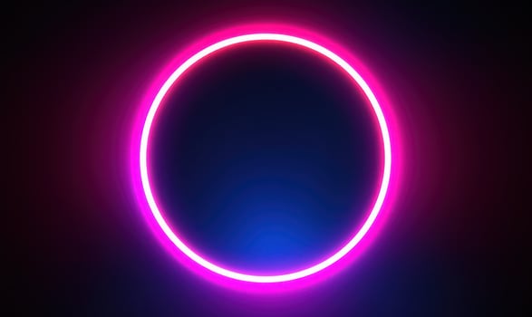 Neon blue pink round frame ring, circle shape glowing light with dark background. 80's retro style, copy space photo