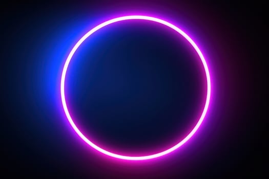 Neon blue pink round frame ring, circle shape glowing light with dark background. 80's retro style, copy space photo
