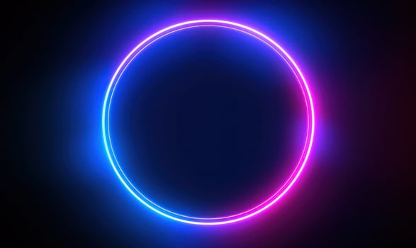 Neon blue pink round frame ring, circle shape glowing light with dark background. 80's retro style, copy space photo