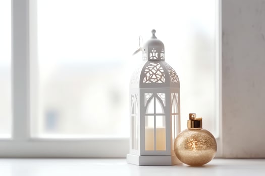 Eid mubarak and ramadan kareem greetings with islamic lantern and mosque. Eid al fitr background. Eid al fitr background of window concept by photo