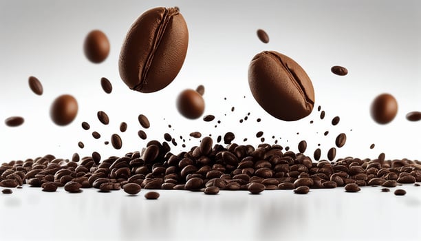 Coffee beans falling on the on white background, coffee beans float above a white background, photo
