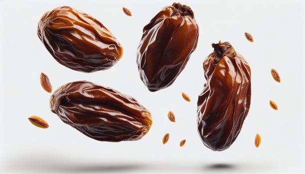 Dried dates float on a white background, photo