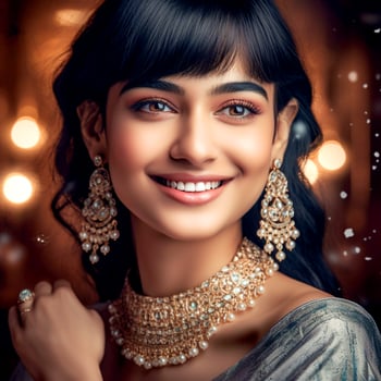 A gregarious girl wearing a saree and jewelry in abstract background photo
