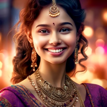 Close-up of beautiful girl wearing purple color saree and jewelry on blurred background photo