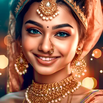 An Indian girl wearing a saree and strong jewelry on a blurred background photo