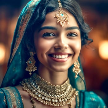 Indian girl with beautiful eyes wearing a green saree and jewelry in a blurred background photo