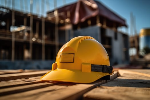 Yellow construction helmet on the background of a house under construction. technology. photo