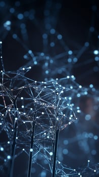 Futuristic visualization of interconnected digital nodes with dark background and abundant copy space photo