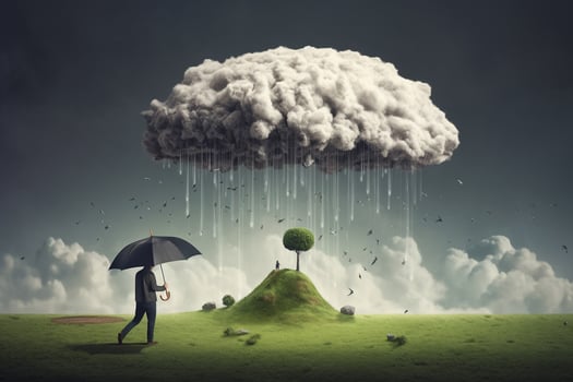 Businesswoman with umbrella standing on the edge of a stormy field photo