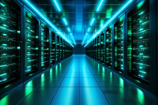 Dark server room data center interior with bright lights. 3D Rendering photo