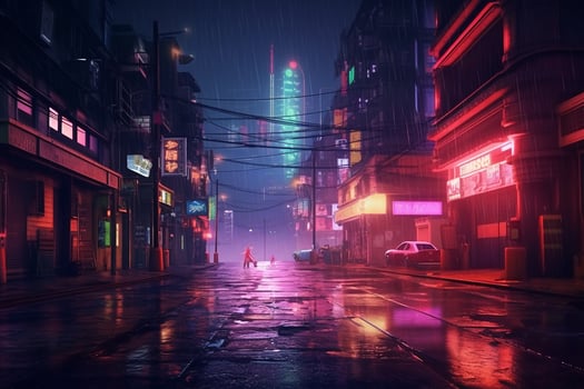 Illustration of a futuristic street and buildings at night with neon lights photo