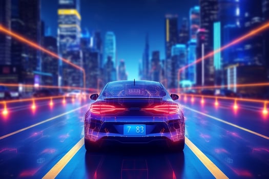 3d rendering of a blue sport car in the neon light city at night photo