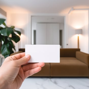 a hand holding a business card in front of a living room photo