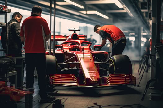 Formula one racing car in garage. photo