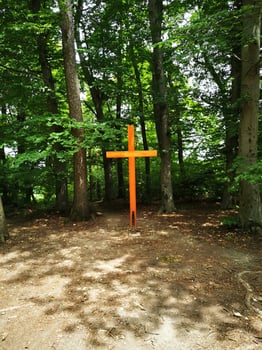 Cross in the forest. Conceptual image for faith, spirituality and religion. photo