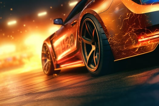 Burning sport car on the road. 3d rendering image. photo