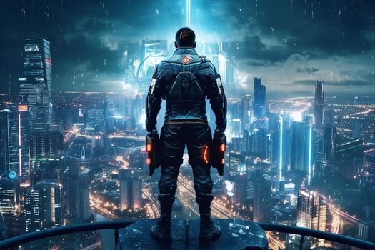 Rear view of a businessman standing in front of a futuristic city photo