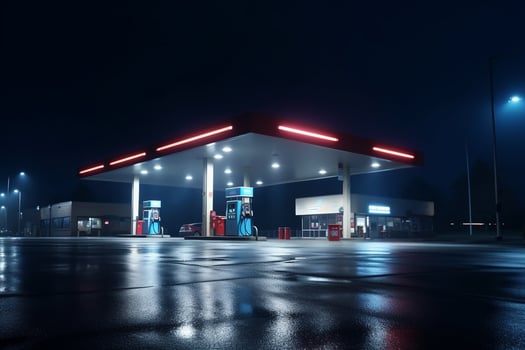 Gas station at night. Refueling of gasoline at gas station photo