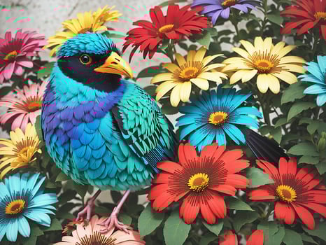 Colorful bird sitting on flowers, photo