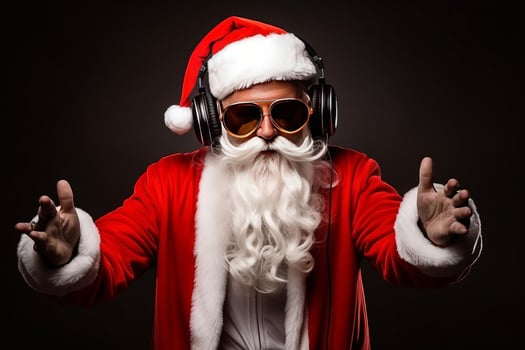 Funky crazy Santa Claus dj headset sing song sound melody listen music on black background. photo