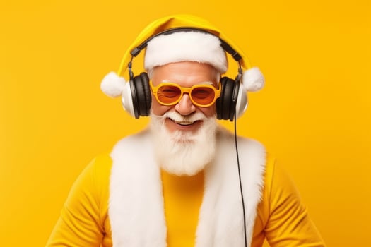 Funky crazy Santa Claus dj headset sing song sound melody listen music on yellow background. photo