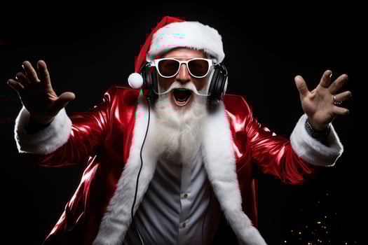 Funky crazy Santa Claus dj headset sing song sound melody listen music on black background. photo
