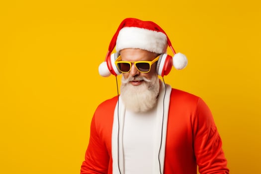 Funky crazy Santa Claus dj headset sing song sound melody listen music on yellow background. photo
