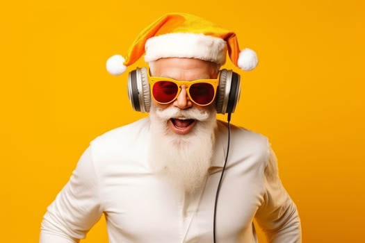 Funky crazy Santa Claus dj headset sing song sound melody listen music on yellow background. photo
