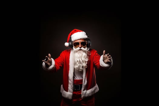 Funky crazy Santa Claus dj headset sing song sound melody listen music on black background. photo
