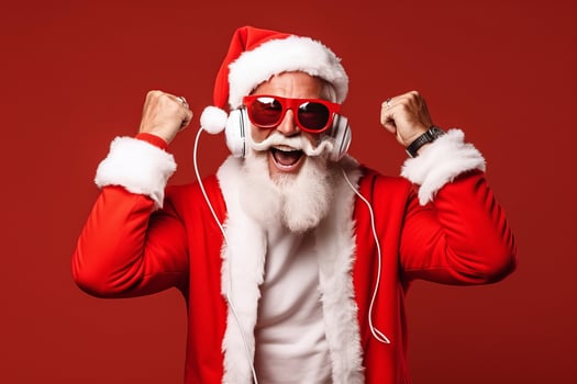 Funky crazy Santa Claus dj headset sing song sound melody listen music on red background. photo