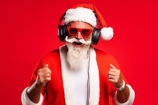 Funky crazy Santa Claus dj headset sing song sound melody listen music on red background. photo