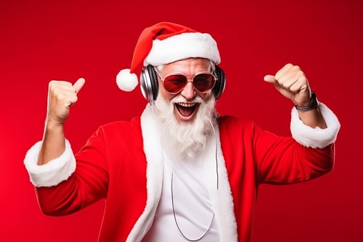 Funky crazy Santa Claus dj headset sing song sound melody listen music on red background. photo