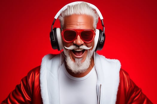 Funky crazy Santa Claus dj headset sing song sound melody listen music on red background. photo