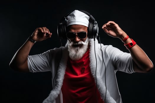 Funky crazy Santa Claus dj headset sing song sound melody listen music on black background. photo