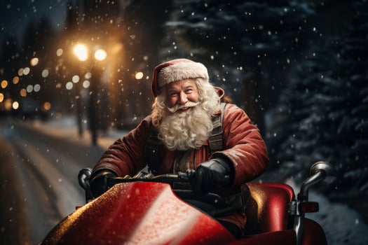 Santa Claus driving red sports car on Christmas day's, delivering presents.. photo