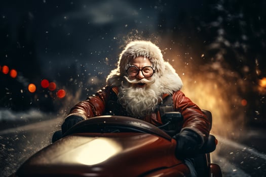 Santa Claus driving red sports car on Christmas day's, delivering presents.. photo