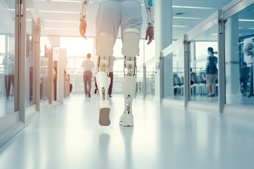 Robot walking on crutches in the hospital, closeup photo